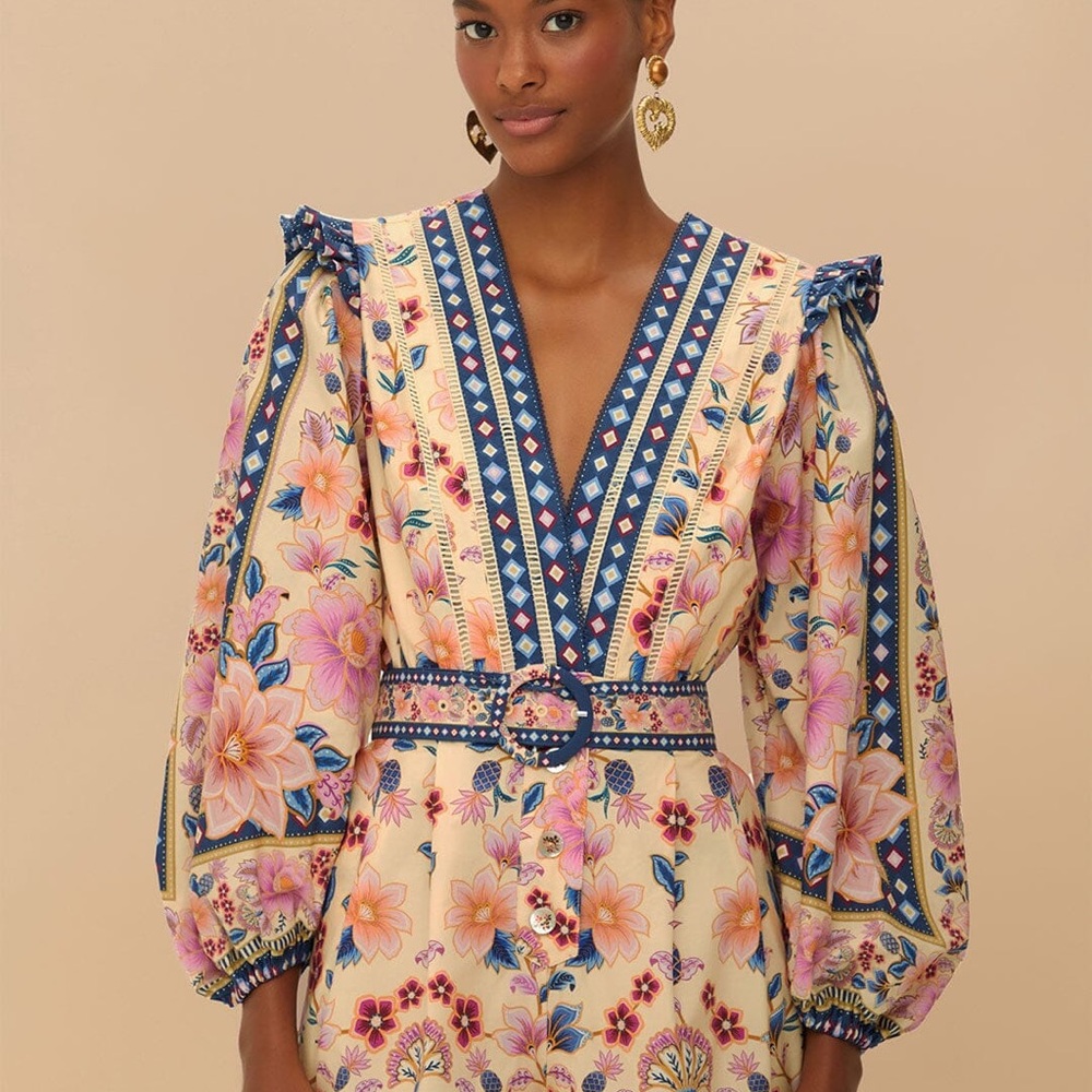Floral V-Neck romper with Puff Sleeves